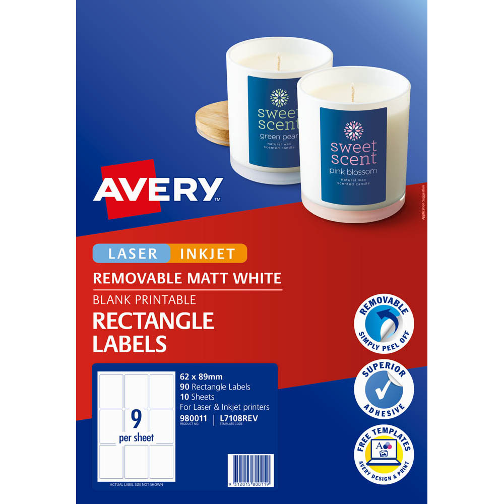 Image for AVERY 980011 L7108REV REMOVABLE BLANK PRINTABLE LABELS RECTANGULAR LASER/INKJET WHITE PACK 90 from Office National