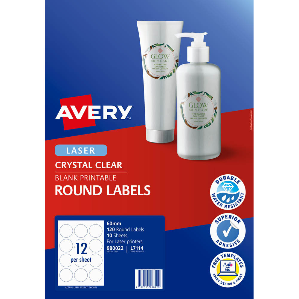 Avery 980022 L7114 Blank Printable Labels Round Laser 12up Crystal Clear Pack 10