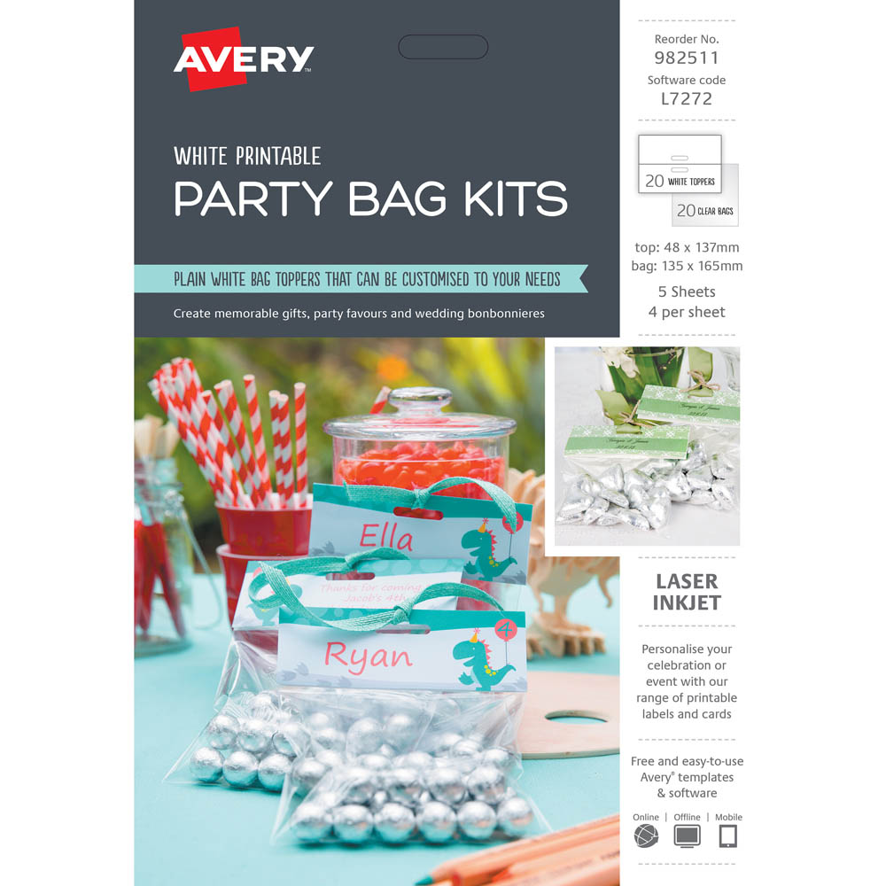 Image for AVERY 982511 L7272 PARTY BAG KITS PACK 20 from Everyday & Simply Office National