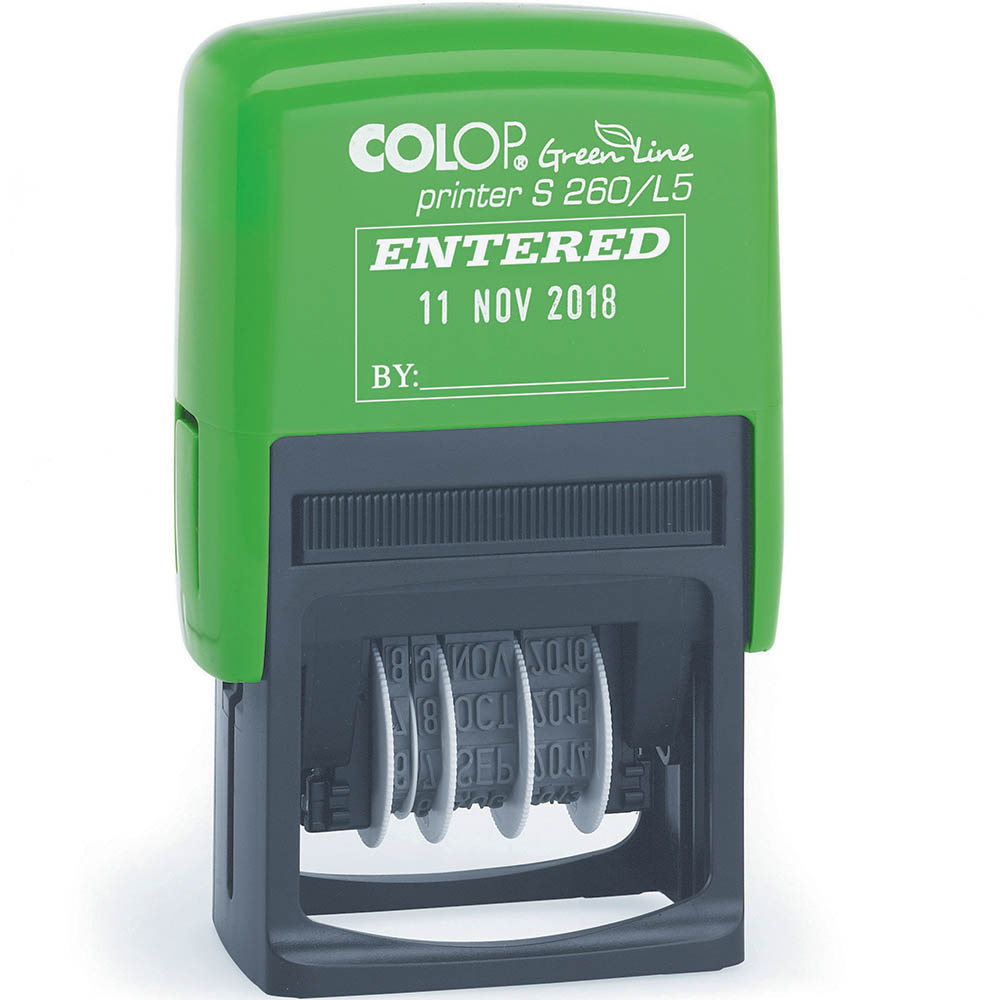 Image for COLOP S260/L5 GREEN LINE SELF-INKING DATE STAMP ENTERED 4MM RED/BLUE from PaperChase Office National