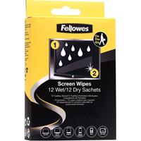 fellowes screen cleaning wipes wet/dry black/yellow twin pack 12