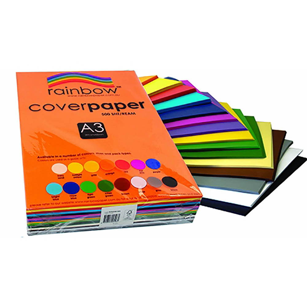 Image for RAINBOW COVER PAPER 125GSMM A3 ASSORTED PACK 500 from Aatec Office National