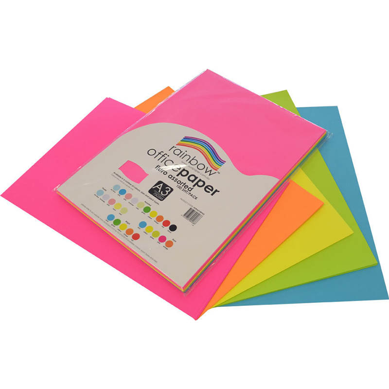Image for RAINBOW COLOURED A3 COPY PAPER 75GSM 100 SHEETS FLURO ASSORTED from Discount Office National