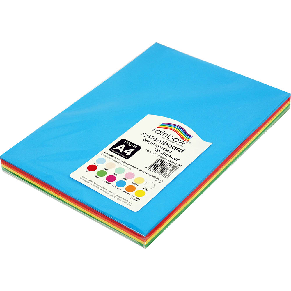 Image for RAINBOW SYSTEM BOARD 150GSM A4 BRIGHT ASSORTED PACK 100 from Office National Sydney Stationery