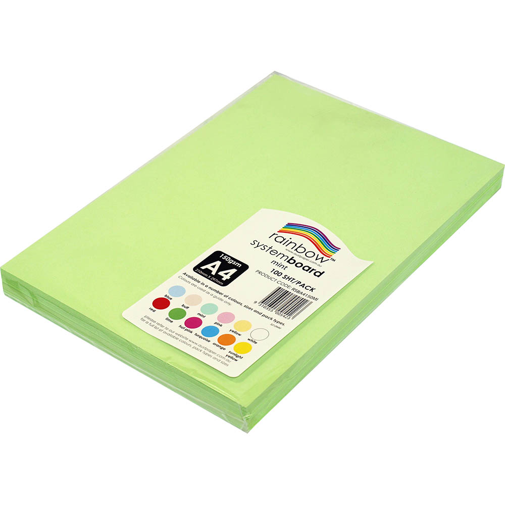 Image for RAINBOW SYSTEM BOARD 150GSM A4 MINT PACK 100 from PaperChase Office National