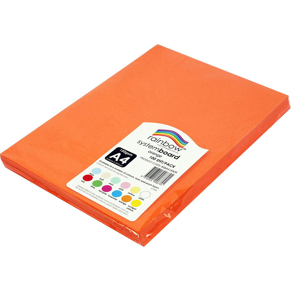 Image for RAINBOW SYSTEM BOARD 150GSM A4 ORANGE PACK 100 from OFFICE NATIONAL CANNING VALE