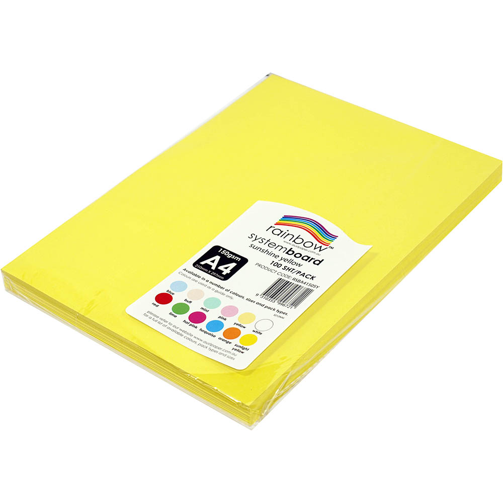 Image for RAINBOW SYSTEM BOARD 150GSM A4 SUNSHINE YELLOW PACK 100 from OFFICE NATIONAL CANNING VALE