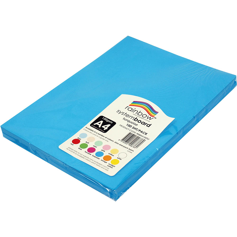 Image for RAINBOW SYSTEM BOARD 150GSM A4 TURQUOISE PACK 100 from Surry Office National