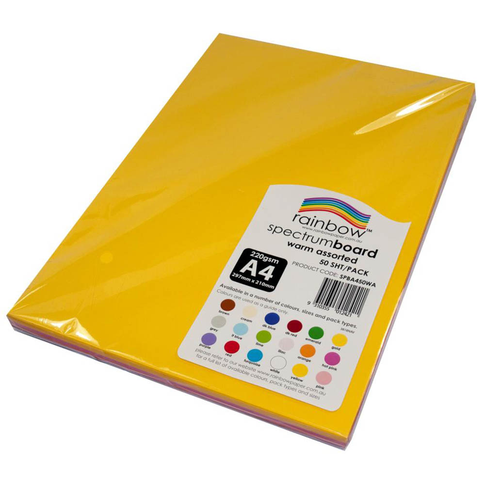 Image for RAINBOW SPECTRUM BOARD 220GSM A4 ASSORTED WARM PACK 50 from Paul John Office National