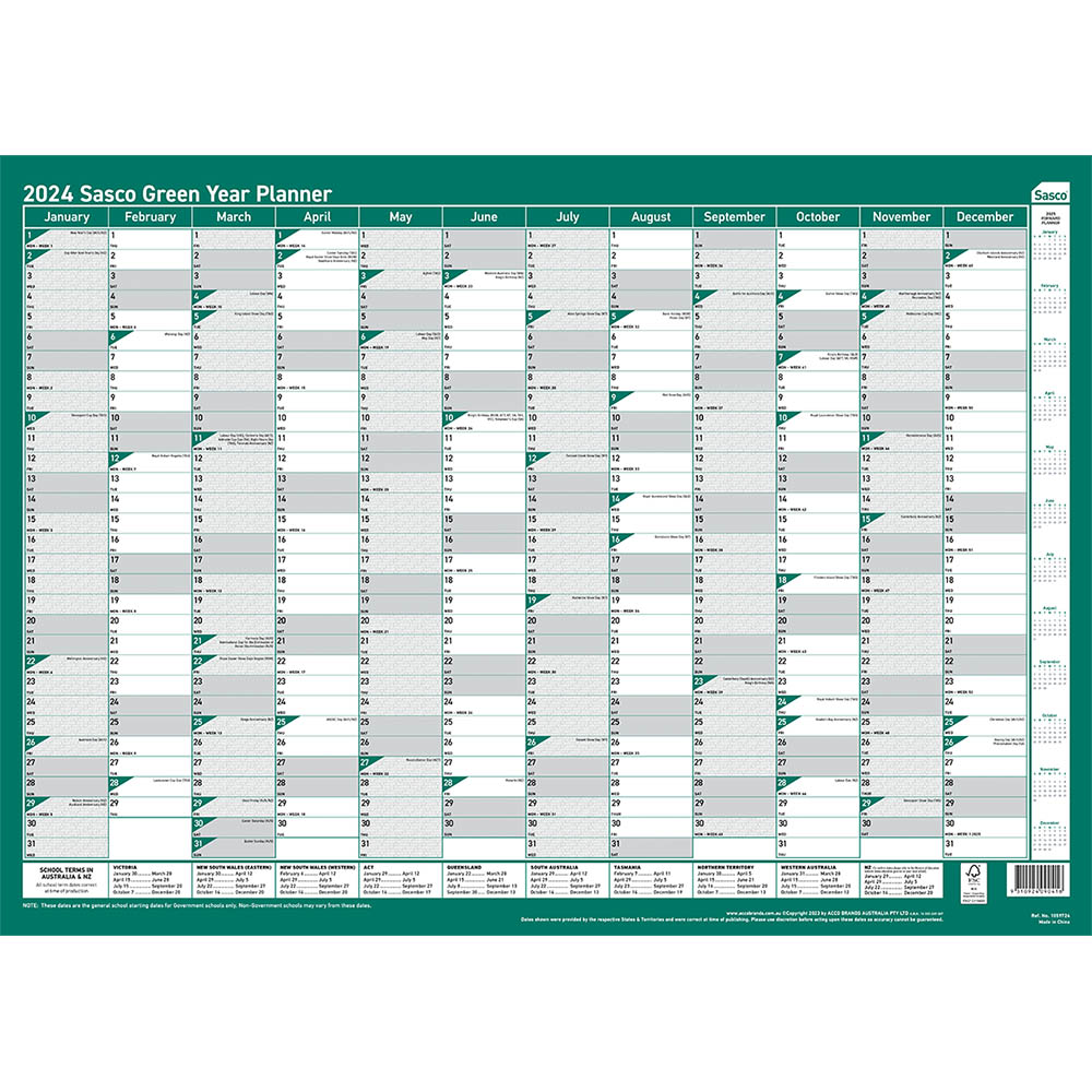 Image for SASCO 10597 GREEN 500 X 700MM YEAR PLANNER from Surry Office National