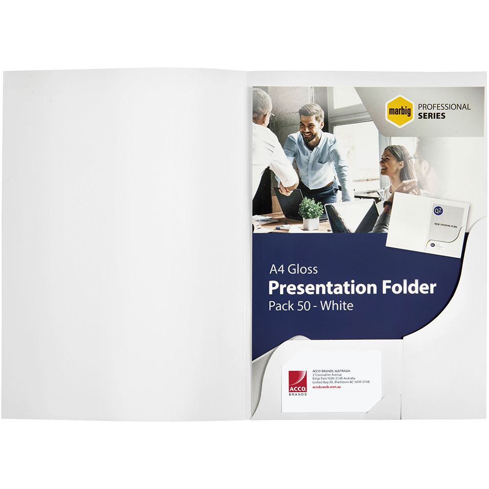 Image for MARBIG PROFESSIONAL PRESENTATION FOLDER A4 GLOSS WHITE PACK 50 from Emerald Office Supplies Office National