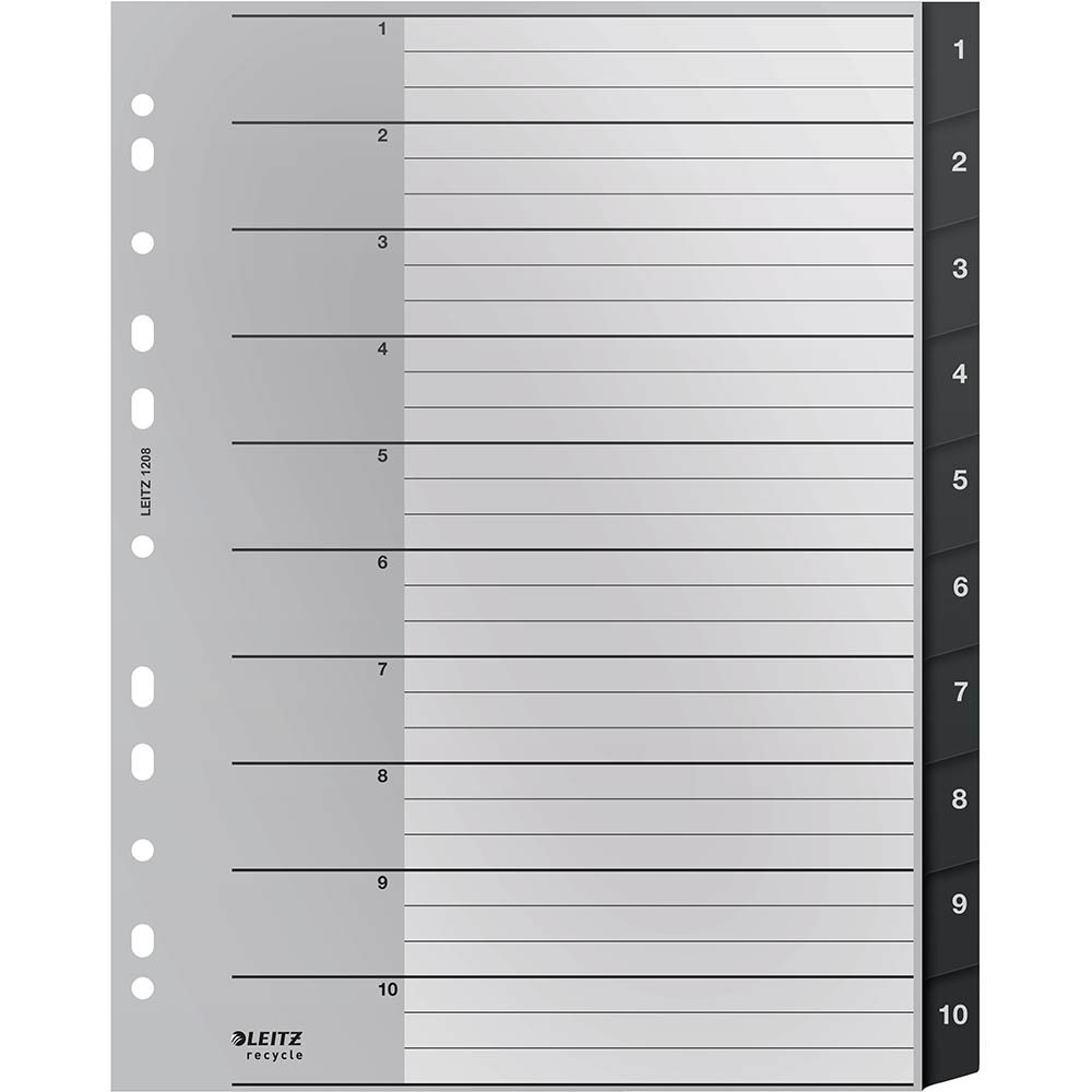 Image for LEITZ RECYCLED INDEX DIVIDER PP 1-10 TAB A4 GREY from Surry Office National