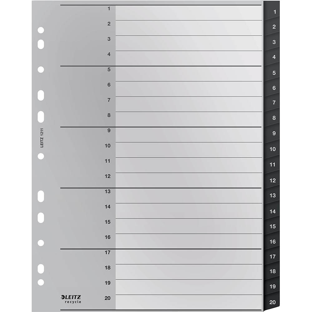 Image for LEITZ RECYCLED INDEX DIVIDER PP 1-20 TAB A4 GREY from PaperChase Office National