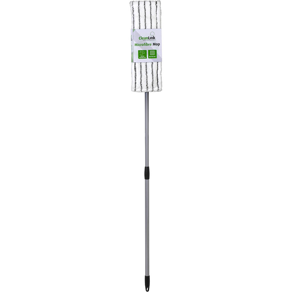 Image for CLEANLINK MICROFIBRE FLAT MOP WITH TELESCOPIC HANDLE 1200MM WHITE/GREEN from Complete Stationery Office National (Devonport & Burnie)