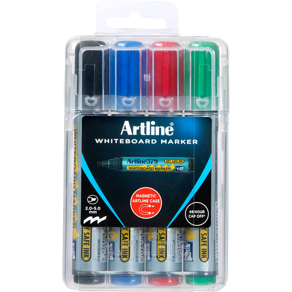 Image for ARTLINE 579 WHITEBOARD MARKER CHISEL 5MM ASSORTED HARD CASE PACK 4 from Discount Office National