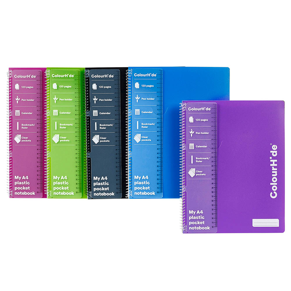 Image for COLOURHIDE NOTEBOOK WITH POCKETS 120 PAGE A4 ASSORTED from Express Office National