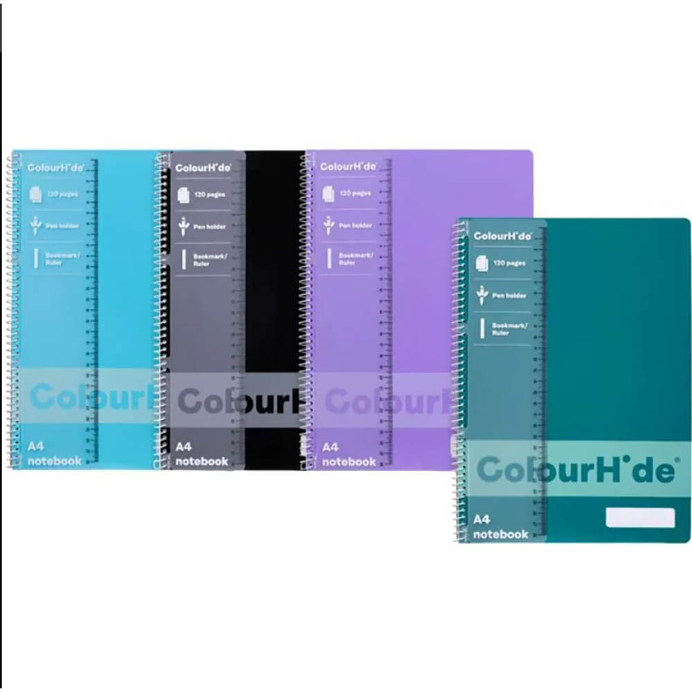 Image for COLOURHIDE NOTEBOOK 120 PAGES A4 ASSORTED PACK 4 from Complete Stationery Office National (Devonport & Burnie)