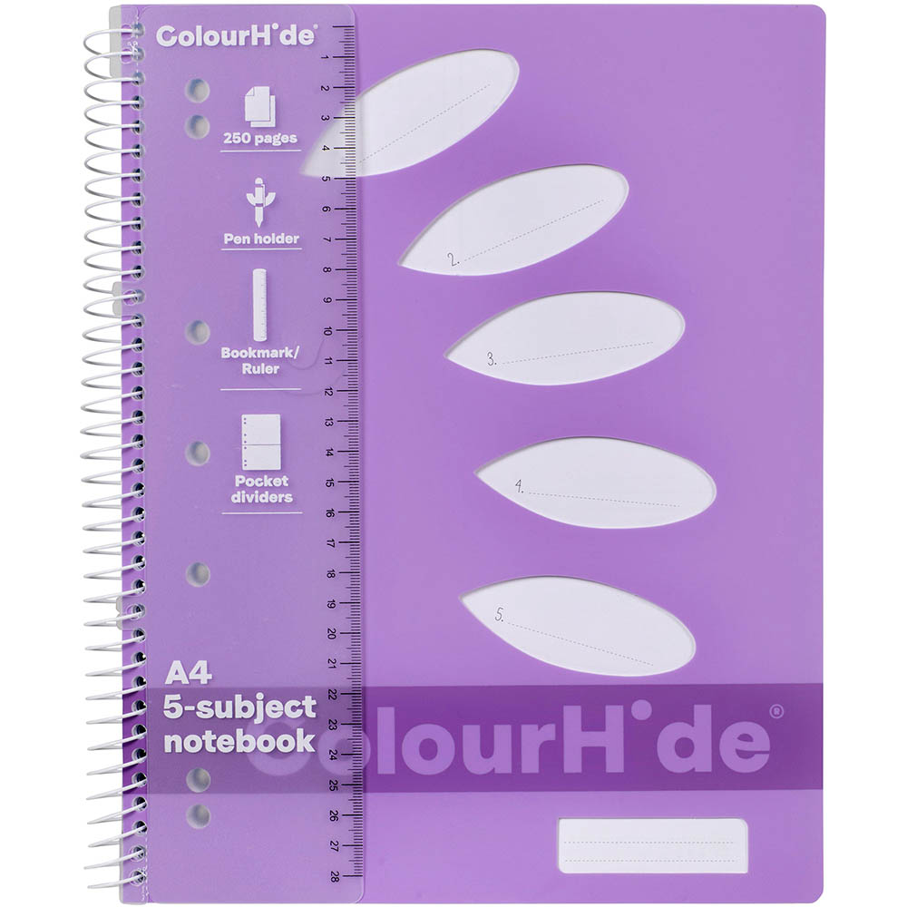 Image for COLOURHIDE 5-SUBJECT NOTEBOOK 250 PAGE A4 PURPLE from BACK 2 BASICS & HOWARD WILLIAM OFFICE NATIONAL