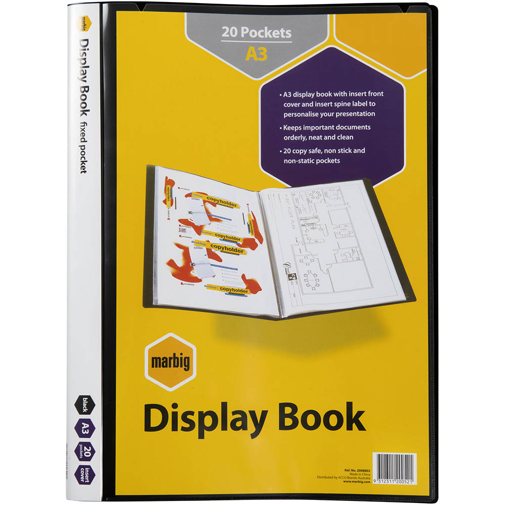 Image for MARBIG DISPLAY BOOK NON-REFILABLE SPINE INSERT 20 POCKET A3 BLACK from Paul John Office National