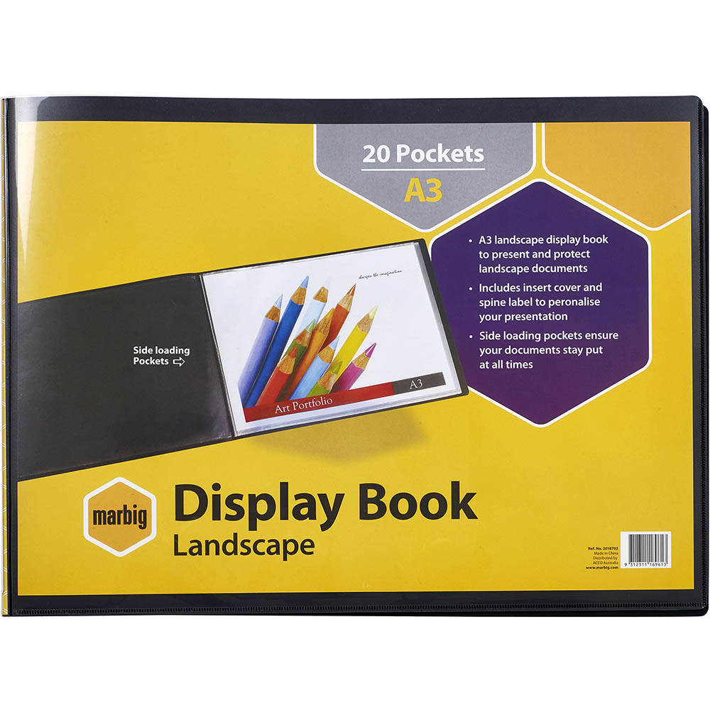 Image for MARBIG DISPLAY BOOK NON-REFILABLE LANDSCAPE 20 POCKET A3 BLACK from Emerald Office Supplies Office National