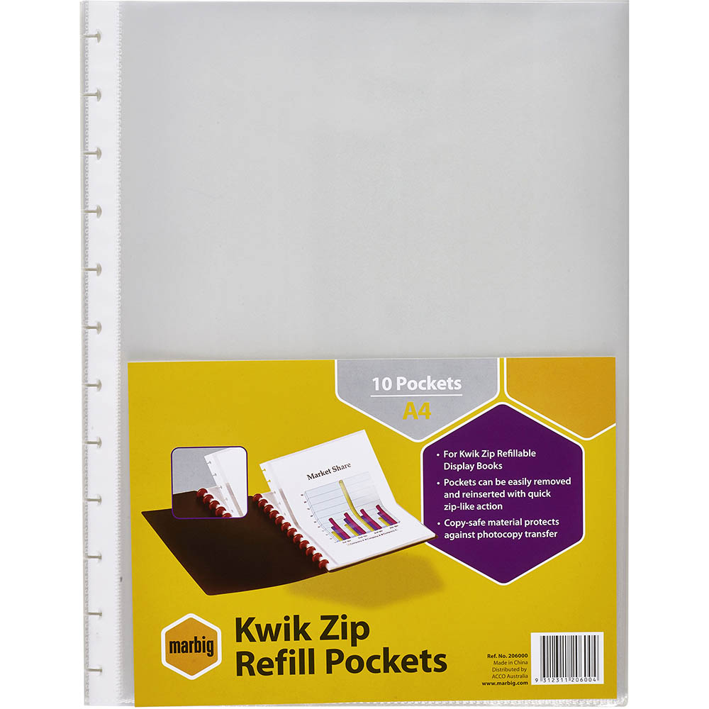 Image for MARBIG KWIK ZIP DISPLAY BOOK REFILL A4 CLEAR PACK 10 from Pirie Office National