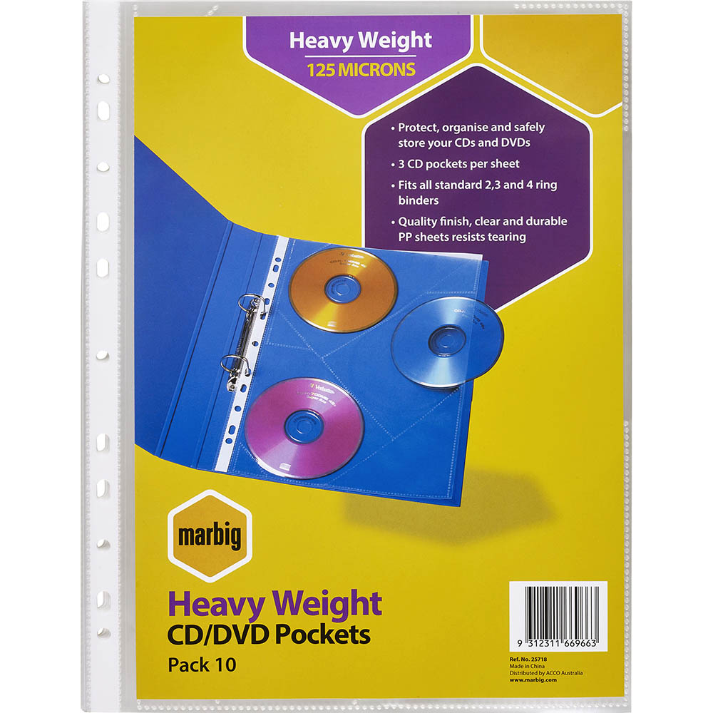 Image for MARBIG HEAVYWEIGHT COPYSAFE CD/DVD POCKETS 3 CAPACITY A4 PACK 10 from Mackay Business Machines (MBM) Office National