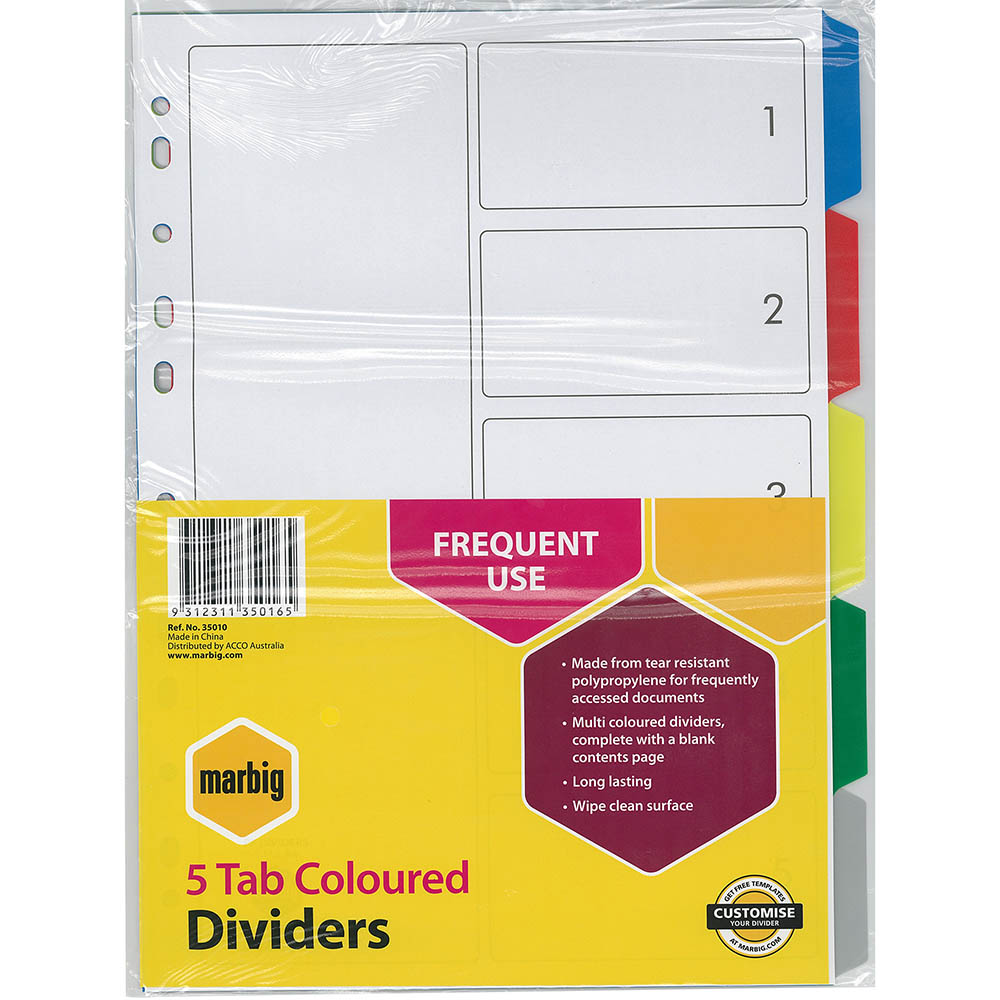 A4 1-20 Multi-Coloured Tabbed Dividers Pack of 5