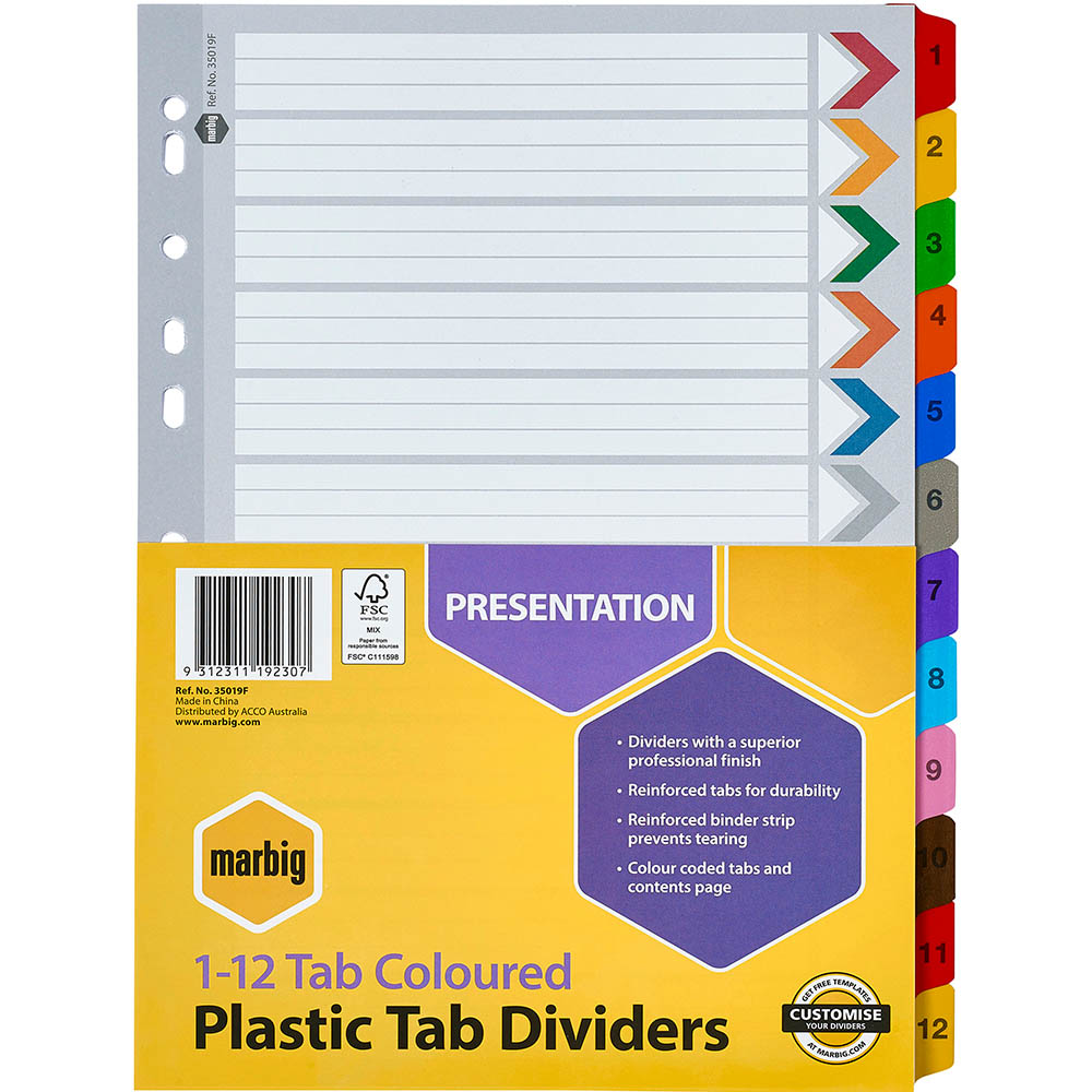 Image for MARBIG INDEX DIVIDER MANILLA 1-12 TAB A4 ASSORTED from Absolute MBA Office National