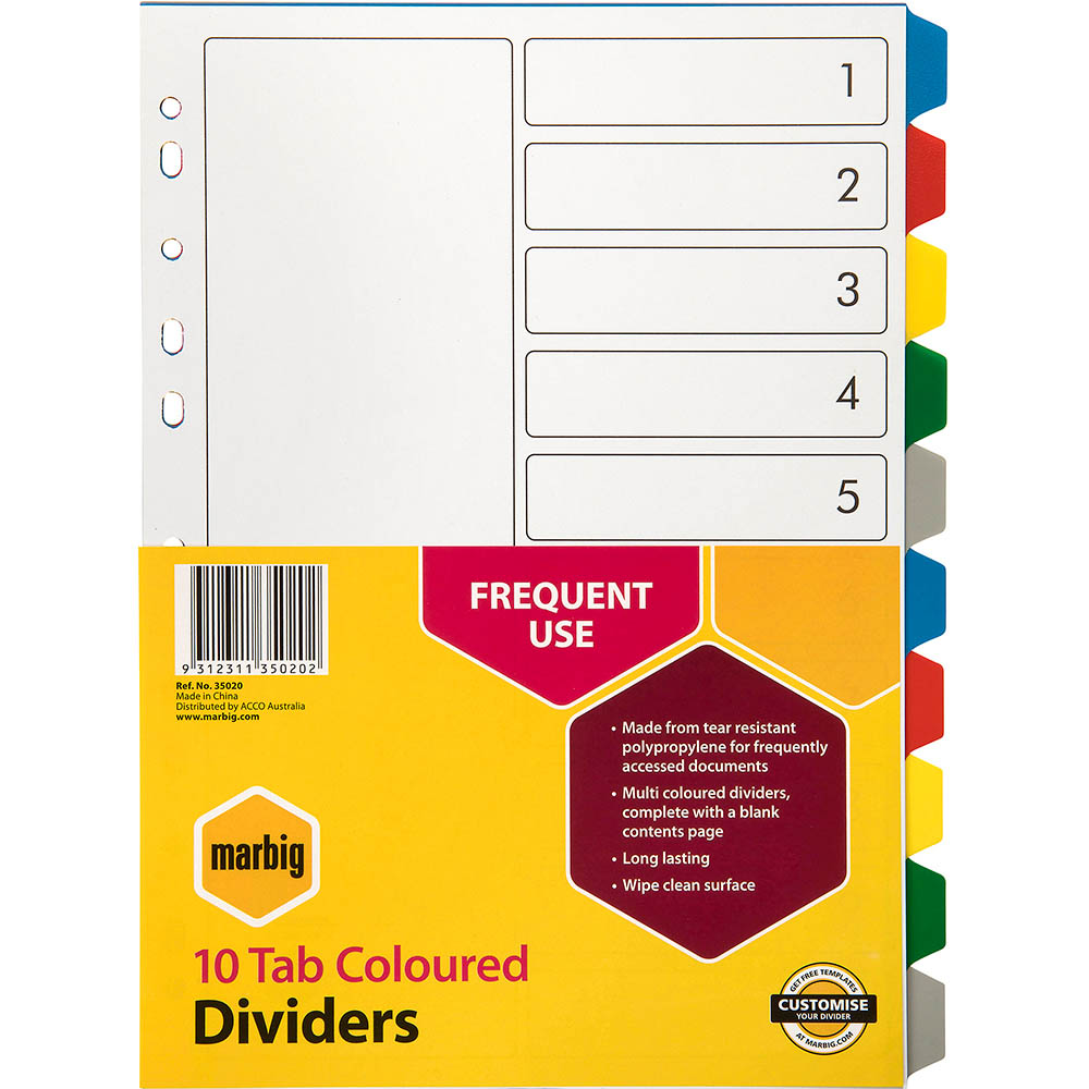 Image for MARBIG DIVIDER PP 10-TAB A4 ASSORTED from Mackay Business Machines (MBM) Office National