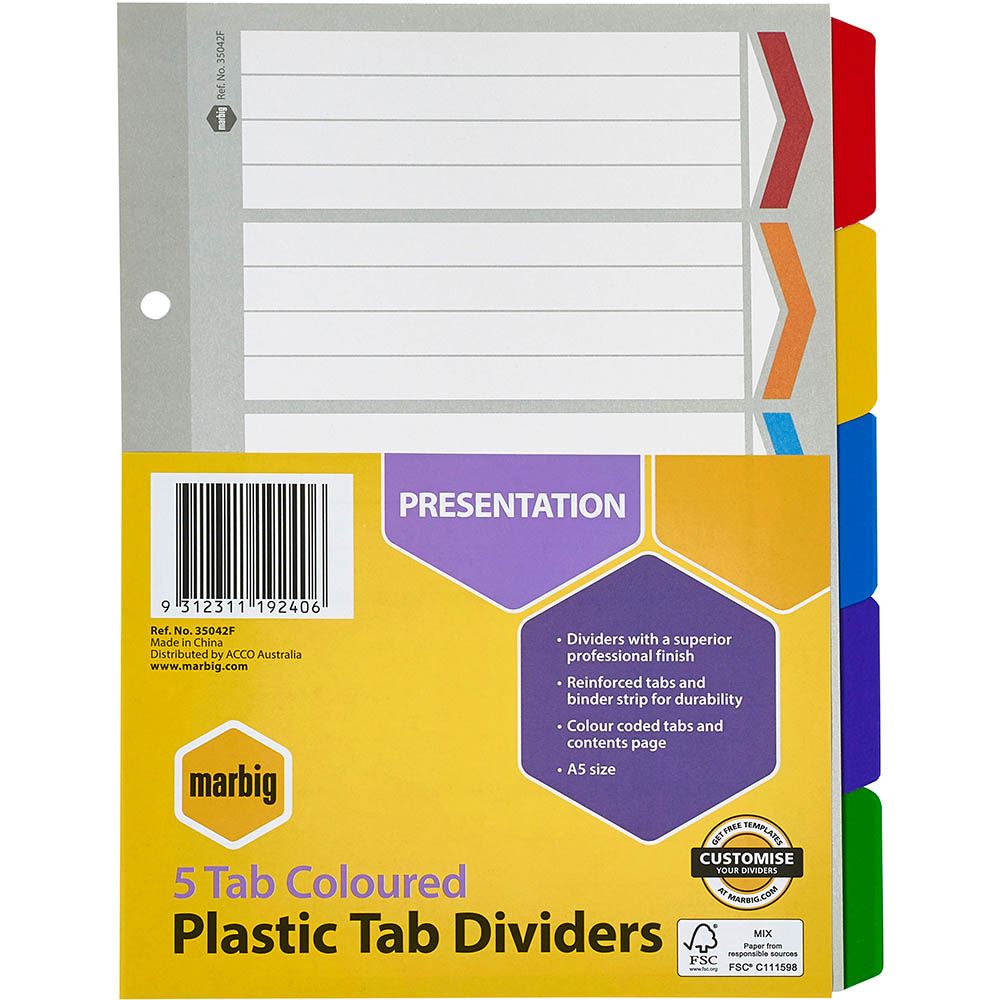 Image for MARBIG DIVIDER REINFORCED MANILLA 5-TAB A5 ASSORTED from Office National Perth CBD