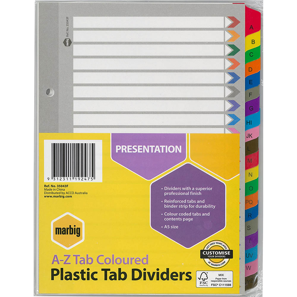 Image for MARBIG INDEX DIVIDER REINFORCED MANILLA A-Z TAB A5 ASSORTED from Discount Office National