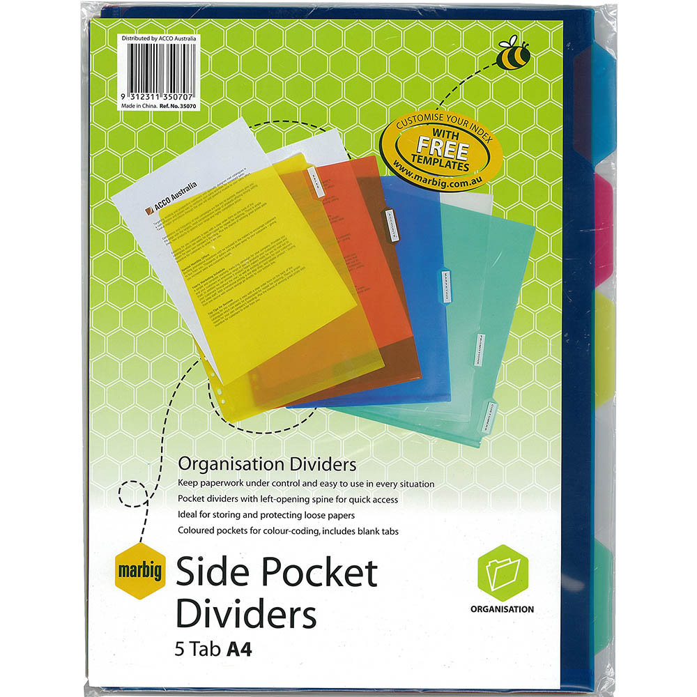 Image for MARBIG SIDE POCKET DIVIDERS PP 5-TAB A4 ASSORTED from Surry Office National