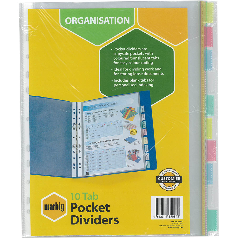 Image for MARBIG COPYSAFE DIVIDER POCKET PP 10-TAB A4 ASSORTED from Ezi Office National Tweed