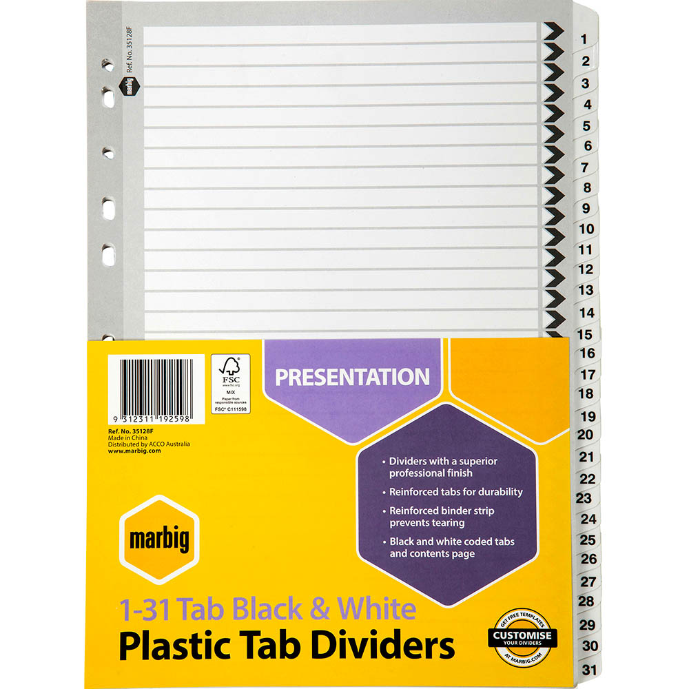 Image for MARBIG DIVIDER MANILLA 1-31 TAB A4 BLACK/WHITE from OFFICE NATIONAL CANNING VALE