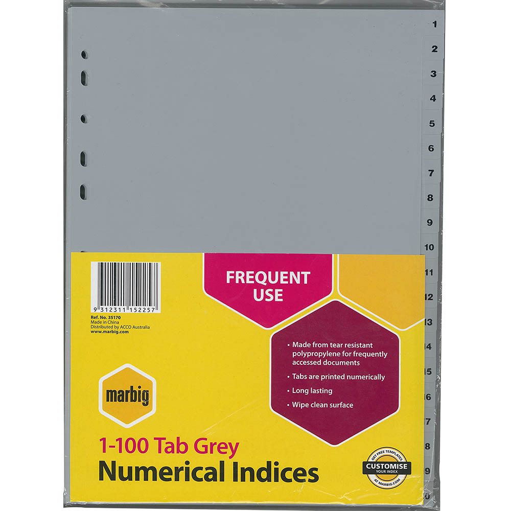 Image for MARBIG INDEX DIVIDER PP 1-100 TAB A4 GREY from Office National Whyalla