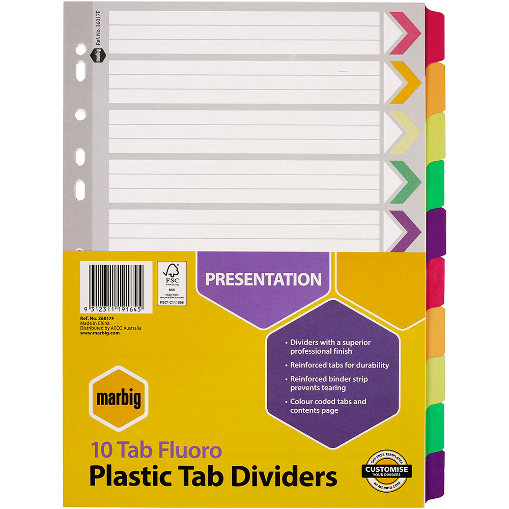 Image for MARBIG DIVIDER REINFORCED MANILLA 10-TAB A4 FLUORO ASSORTED from Office National