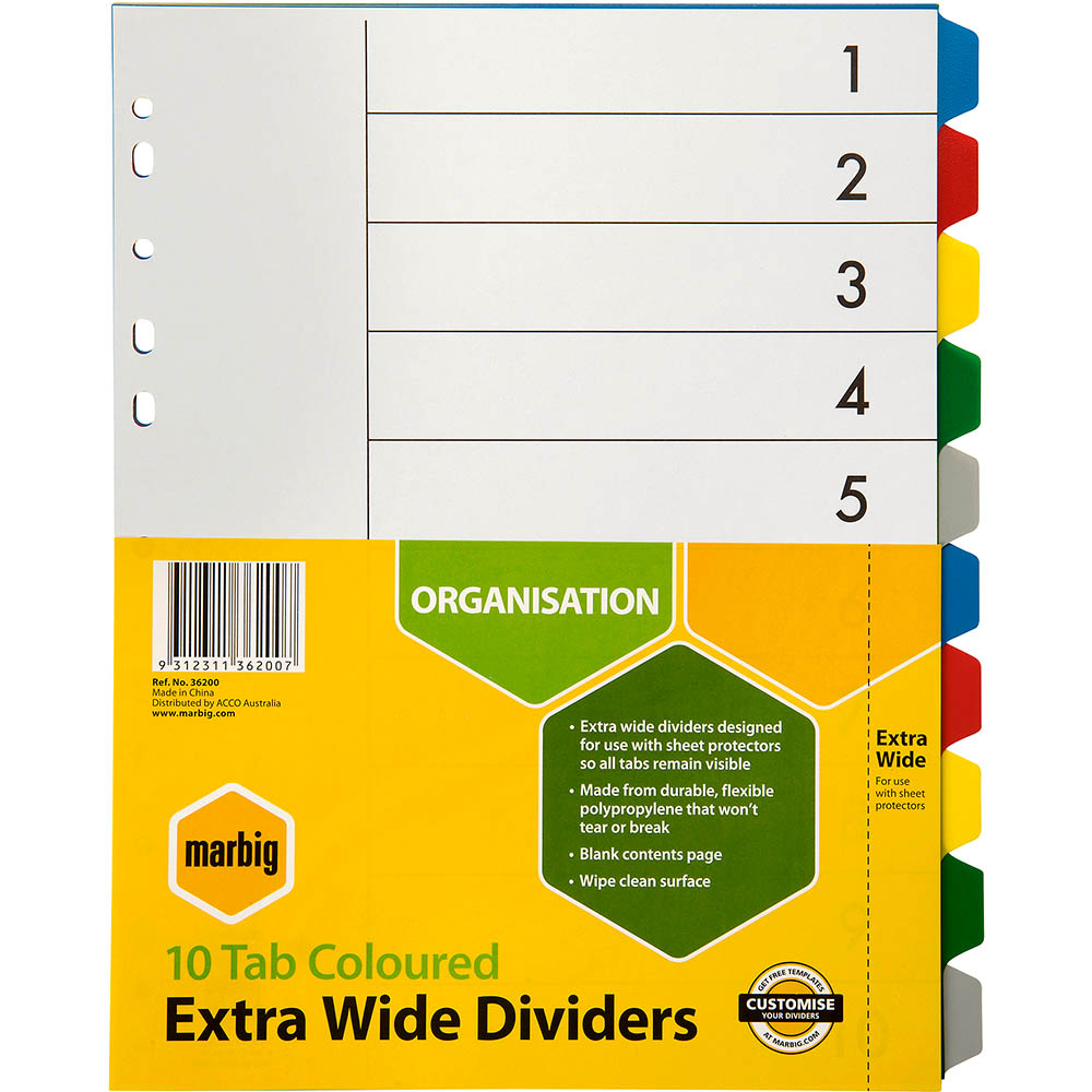 Image for MARBIG EXTRA WIDE DIVIDER PP 10-TAB A4 ASSORTED from OFFICE NATIONAL CANNING VALE