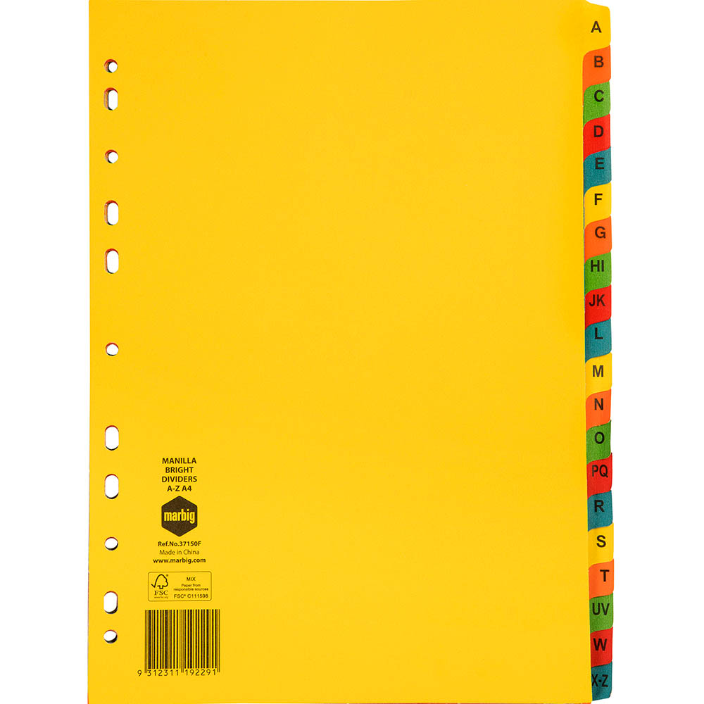 Image for MARBIG DIVIDER MANILLA A-Z TAB A4 BRIGHT ASSORTED from Surry Office National