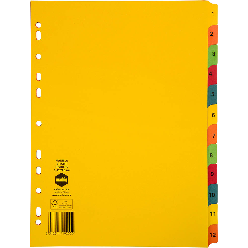 Image for MARBIG DIVIDER MANILLA 12-TAB A4 BRIGHT ASSORTED from Ezi Office Supplies Gold Coast Office National