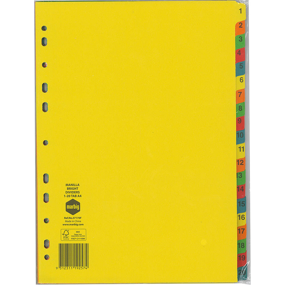 Image for MARBIG DIVIDER MANILLA 1-20 TAB A4 BRIGHT ASSORTED from Pirie Office National