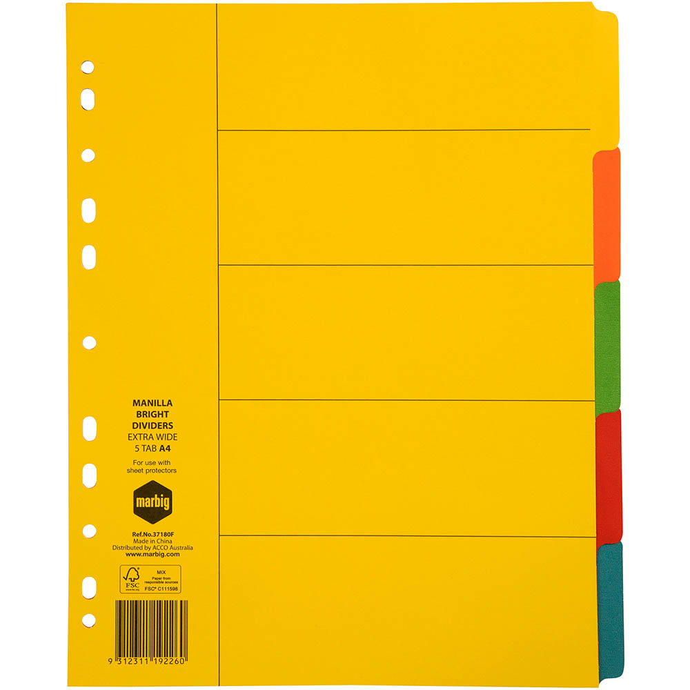 Image for MARBIG EXTRA WIDE DIVIDER MANILLA 5-TAB A4 BRIGHT ASSORTED from Office National Kalgoorlie