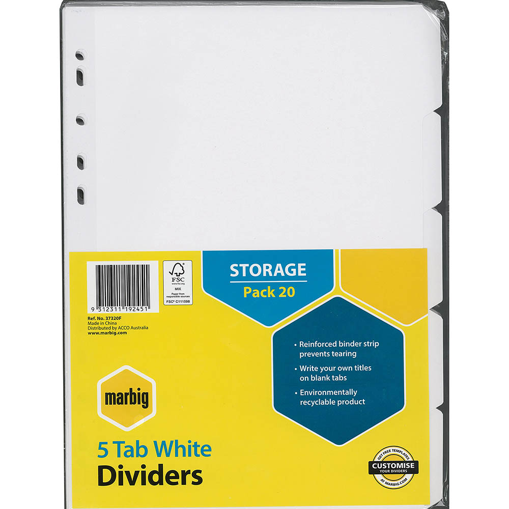 Image for MARBIG DIVIDER MANILLA 5-TAB A4 WHITE PACK 20 from Office National Kalgoorlie