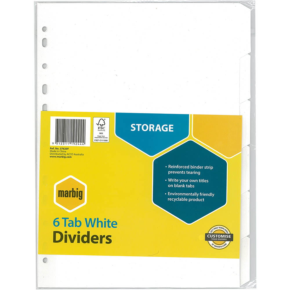 Image for MARBIG DIVIDER MANILLA 6-TAB A4 WHITE from Office National Perth CBD