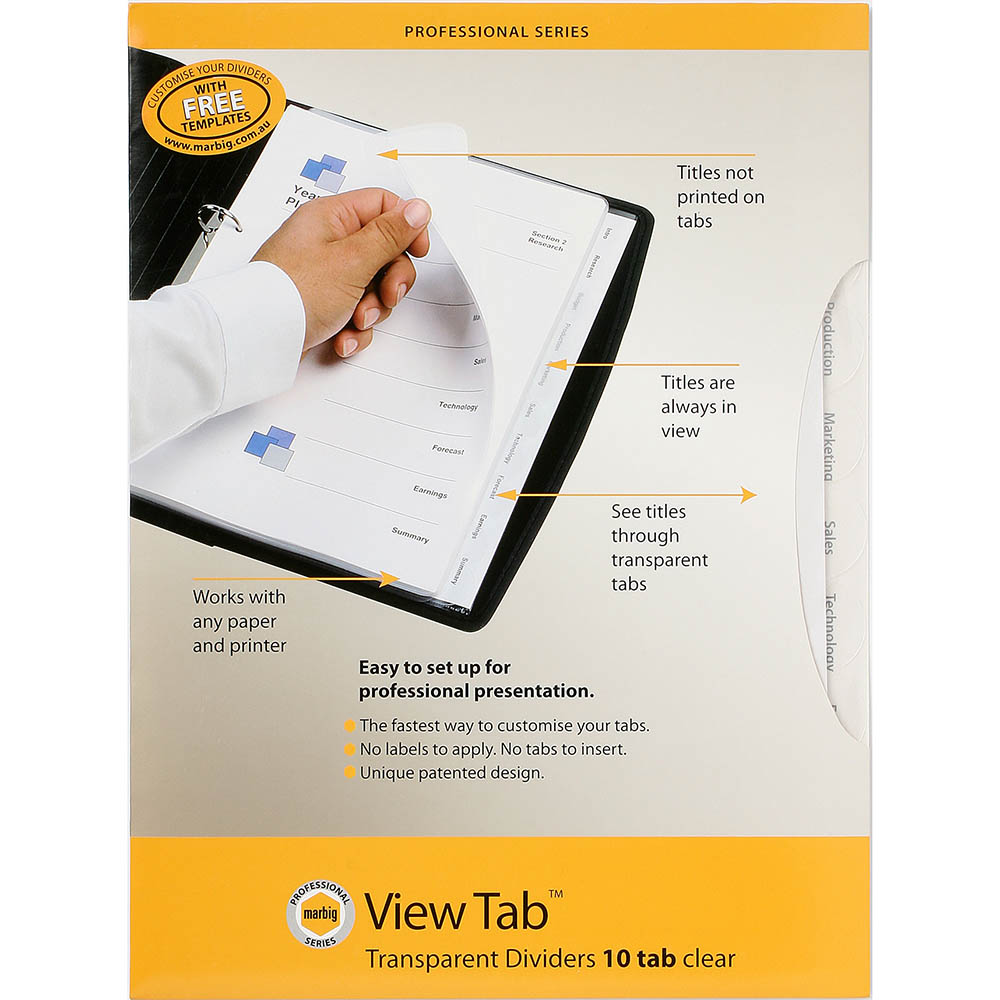 Image for MARBIG PROFESSIONAL SERIES VIEW-TAB DIVIDER PP 10-TAB A4 CLEAR from Office National Whyalla