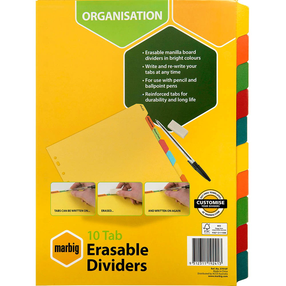 Image for MARBIG DIVIDER ERASABLE MANILLA 10-TAB A4 from Discount Office National