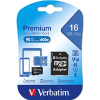 verbatim premium microsdhc memory card with adapter uhs-i v10 u1 class 10 16gb