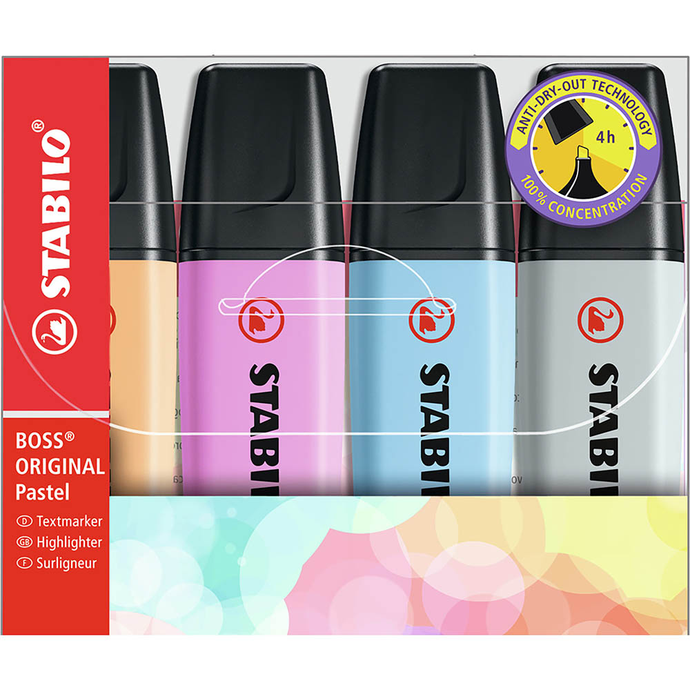 Image for STABILO 70/4-4 BOSS HIGHLIGHTER PASTEL ASSORTED PACK 4 from Mackay Business Machines (MBM) Office National