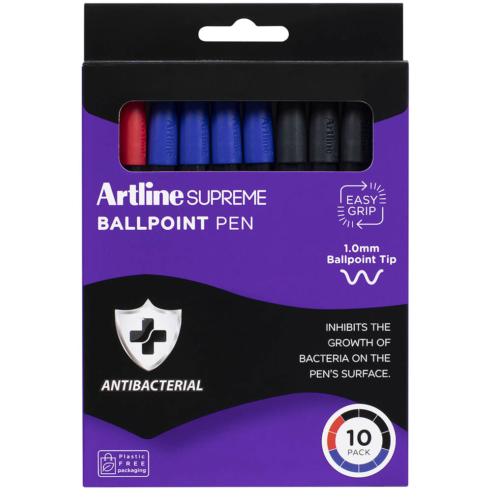 Image for ARTLINE SUPREME ANTIMICROBIAL BALLPOINT PEN 1.0MM ASSORTED PACK 10 from AASTAT Office National