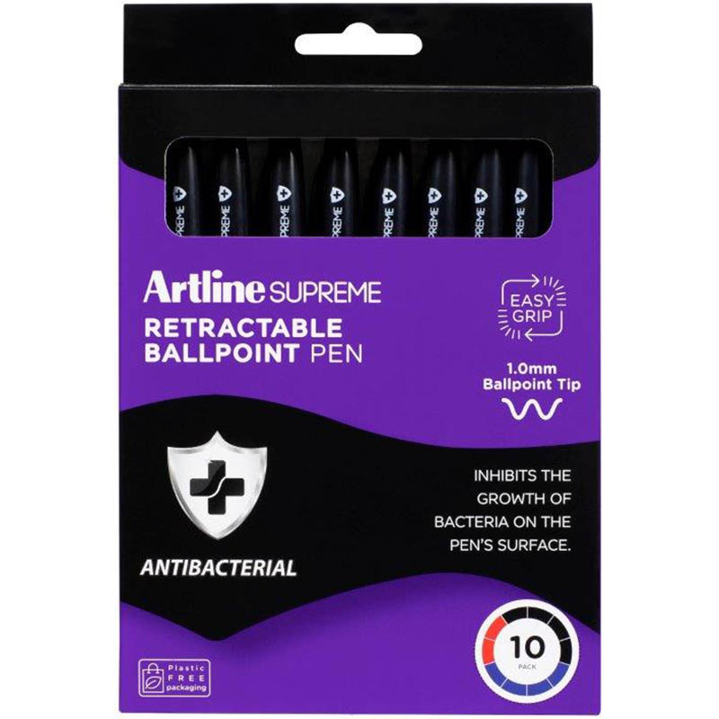 Image for ARTLINE SUPREME ANTIMICROBIAL RETRACTABLE BALLPOINT PEN 1.0MM ASSORTED PACK 10 from AASTAT Office National