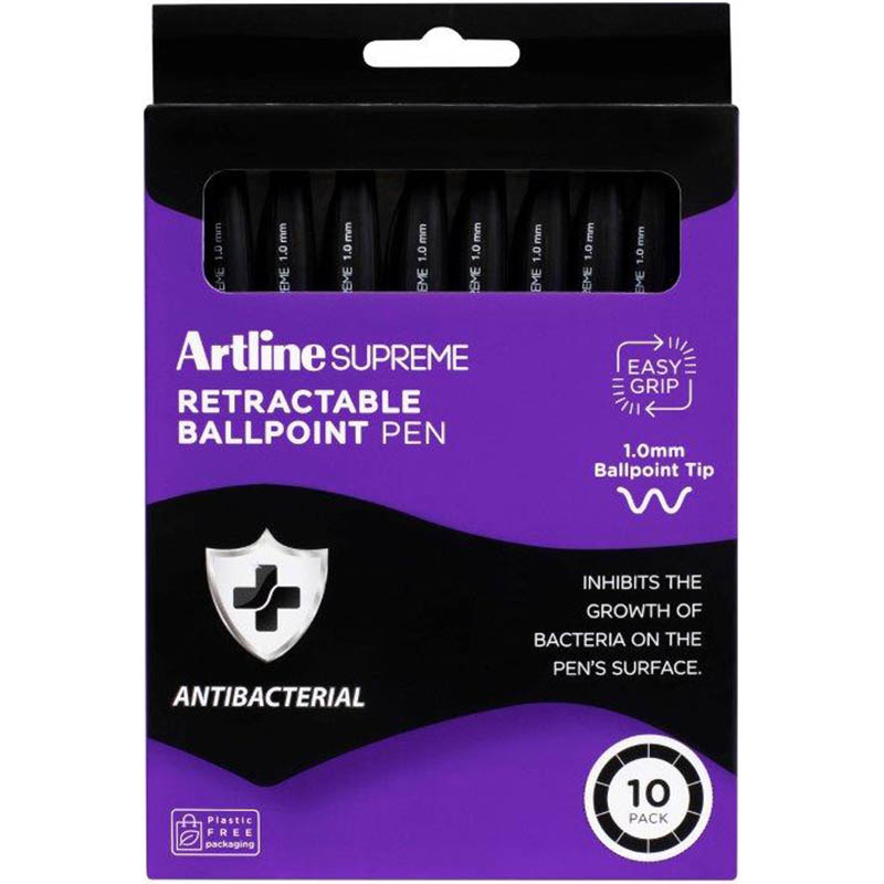 Image for ARTLINE SUPREME ANTIMICROBIAL RETRACTABLE BALLPOINT PEN 1.0MM BLACK PACK 10 from Premier Office National